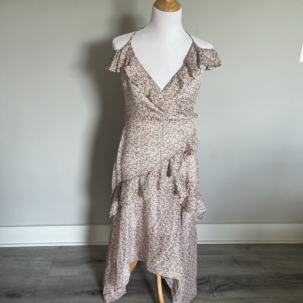 Floret Studios Sz L Off Shoulder Midi Floral High-low Ruffle Dress Wedding Gala